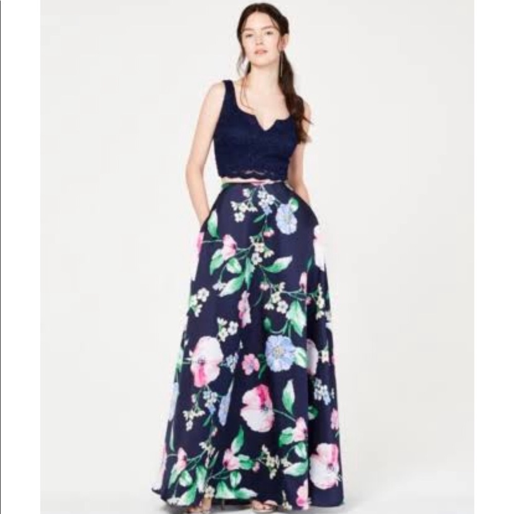 Two piece navy floral prom dress